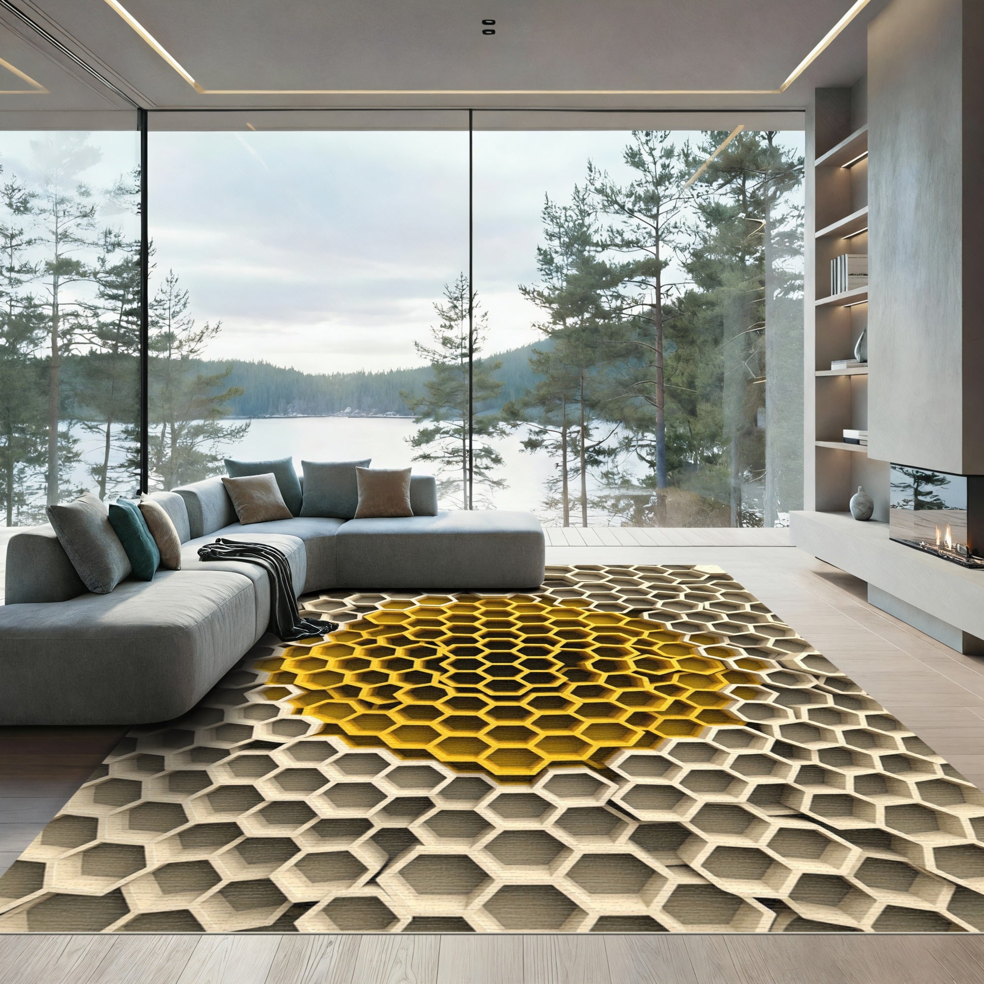 Golden Honeycomb Geometric Relief Sculpture Rug