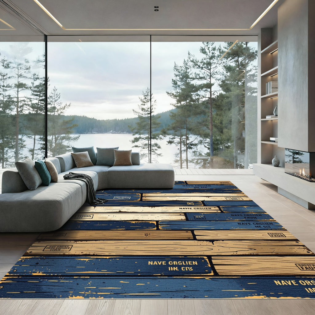 Rustic Navy Plank Distressed Weathered Aesthetic Rug