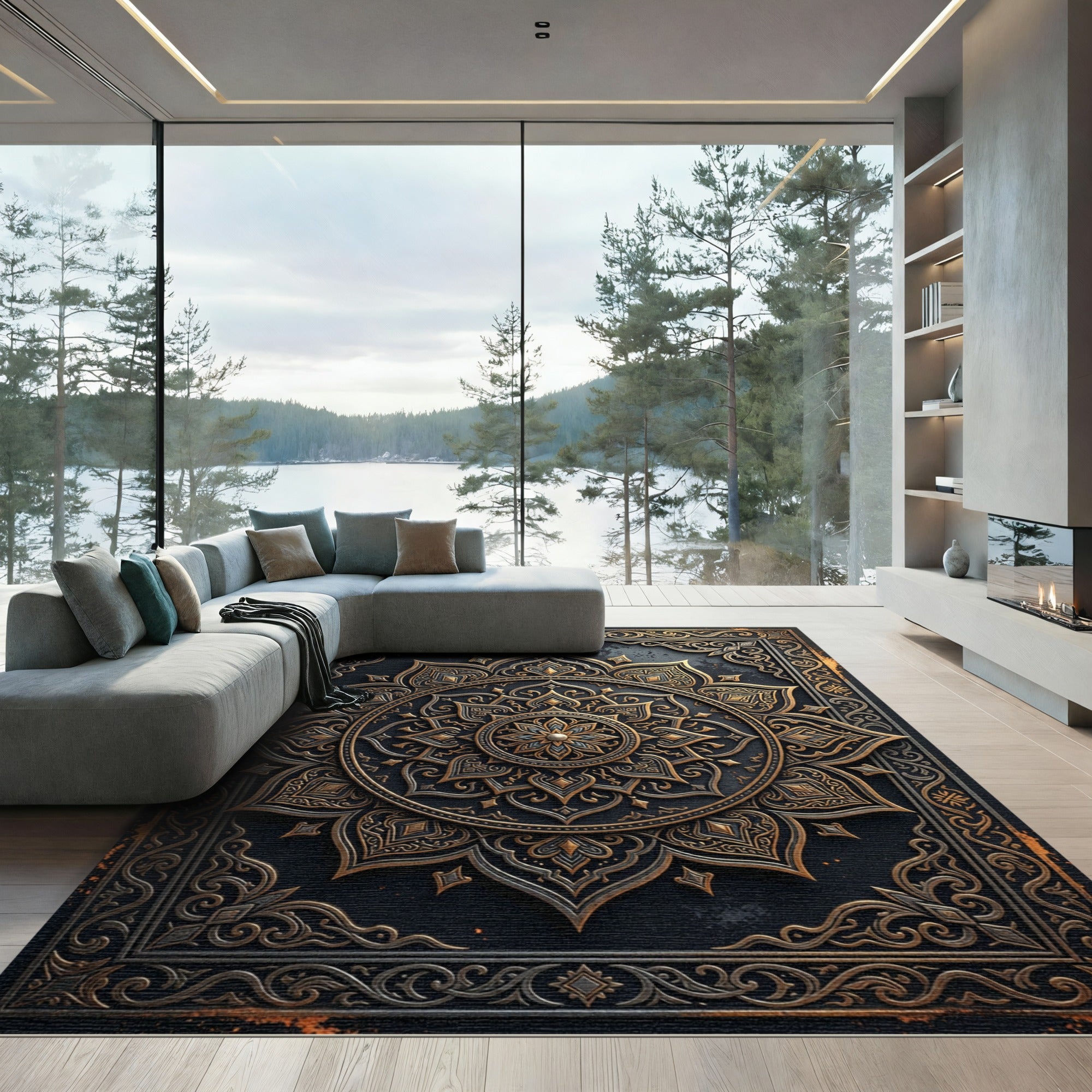 Ornate Black and Gold Mandala Medallion Rug