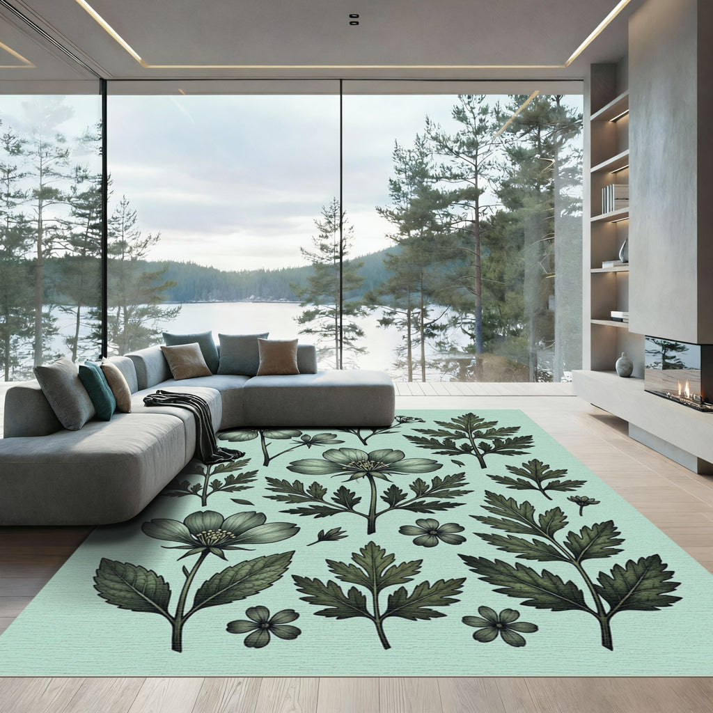 Sage Green Botanical Wildflower Meadow Rug