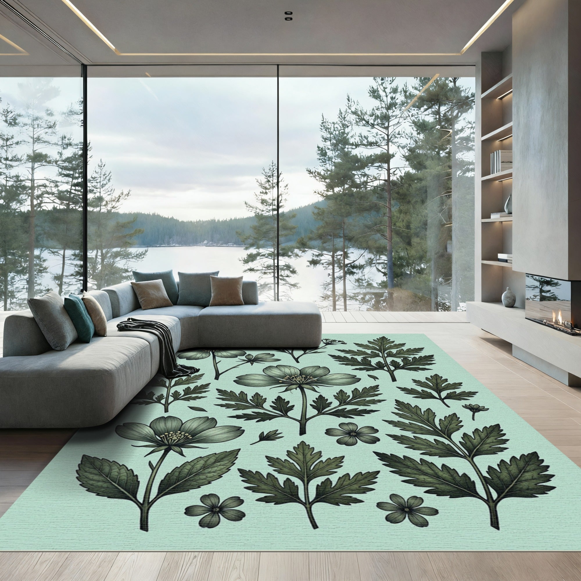 Sage Green Botanical Wildflower Meadow Rug