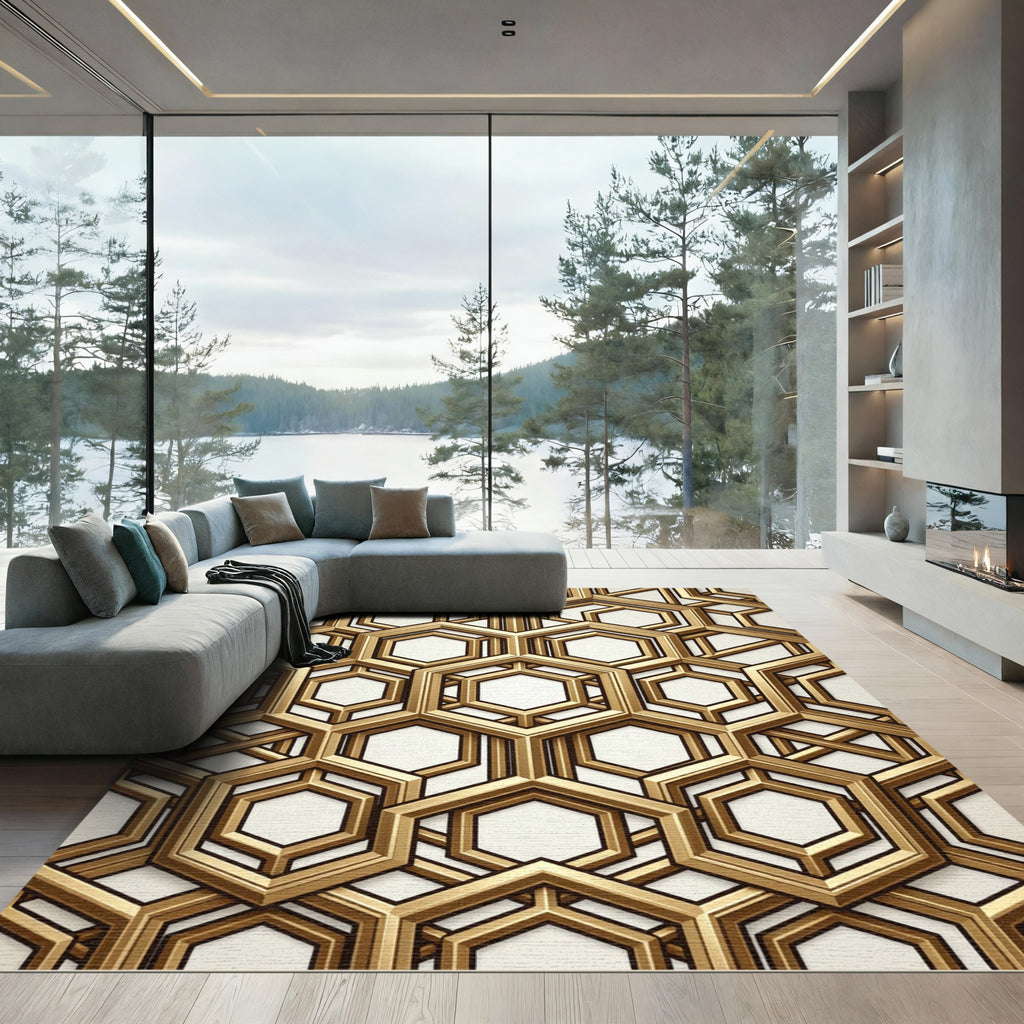 Luxurious Gold Geometric Hexagon Lattice Rug