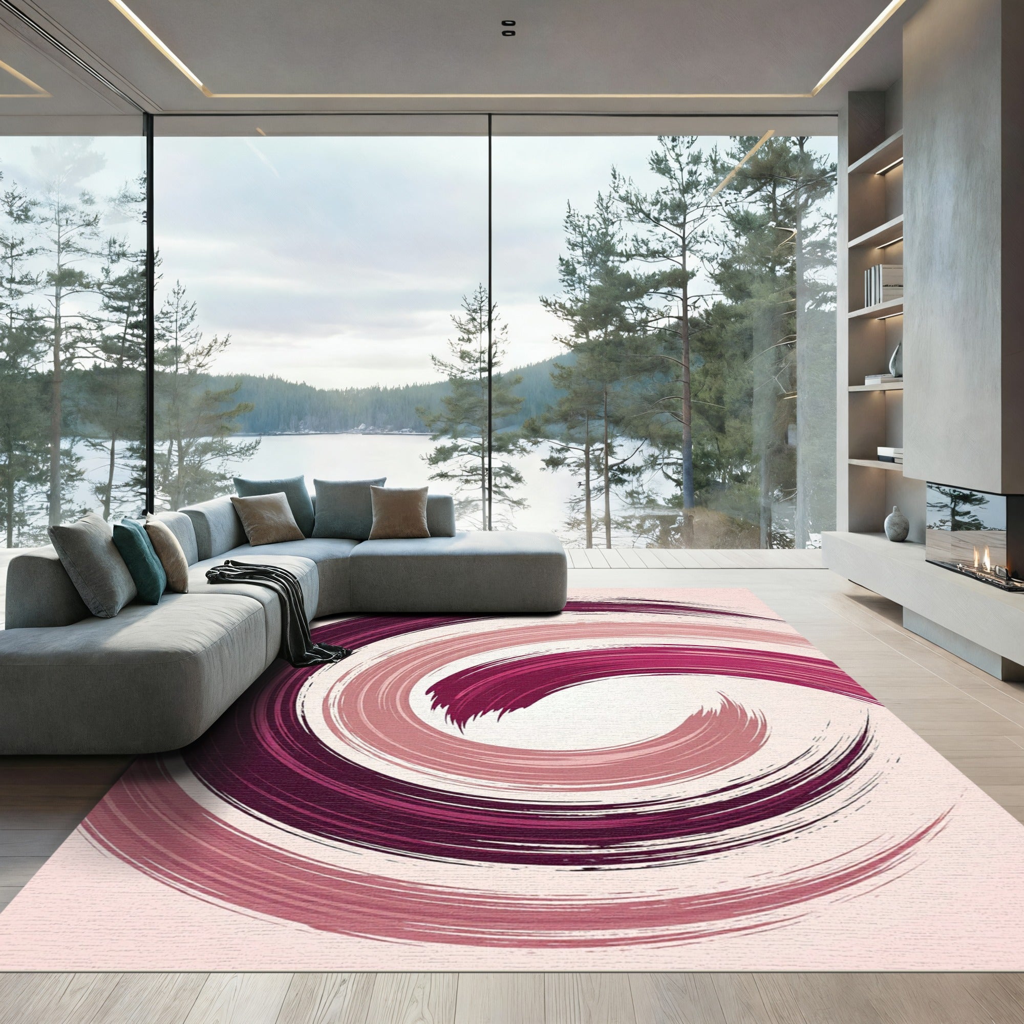 Modern Deep Burgundy Spiral Abstract Swirl Rug