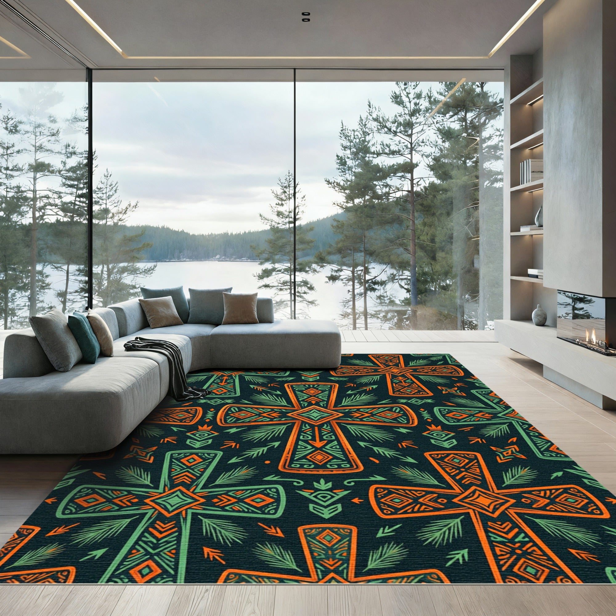 Vibrant Forest Cross Folk Wallcovering Rug