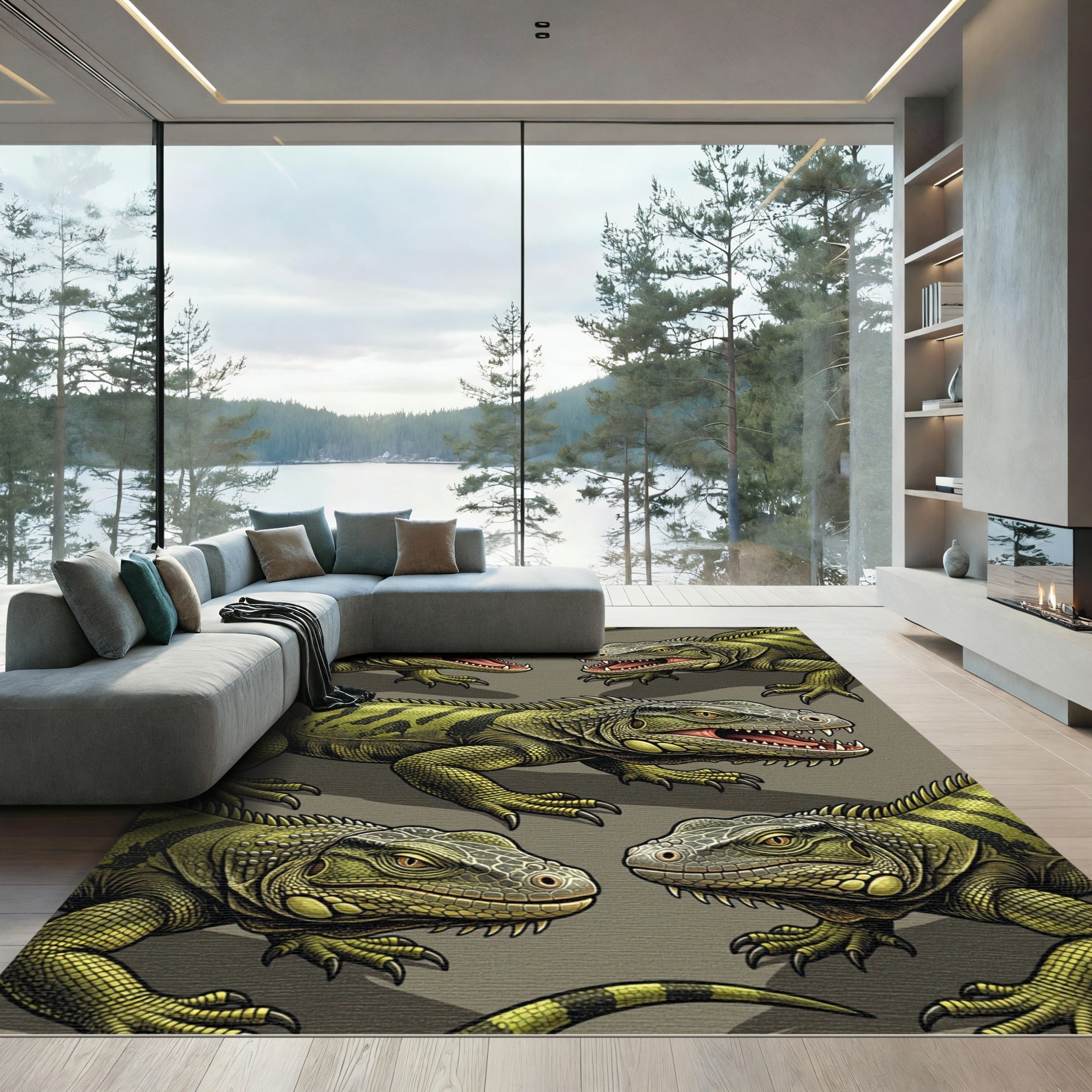 Vibrant Green Iguana Reptile Illustration Rug