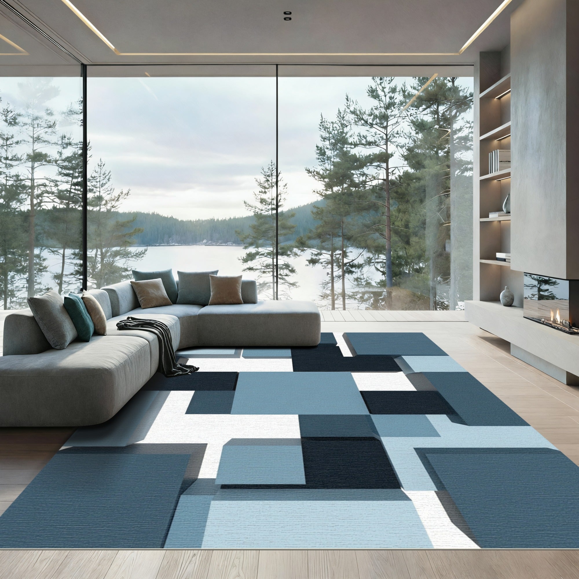 Modern Geometric Blue Abstract Block Rug