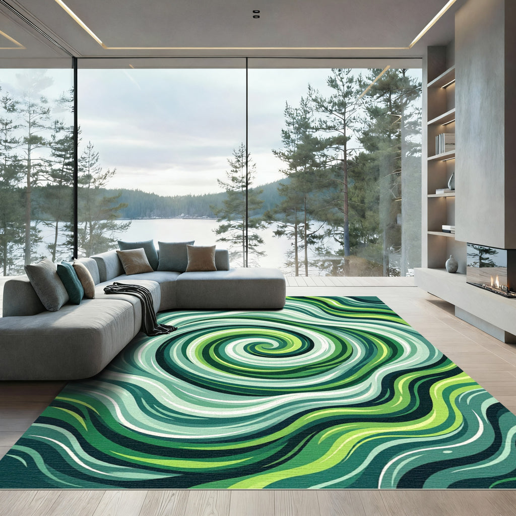 Earthy Green Abstract Swirling Wave Rug