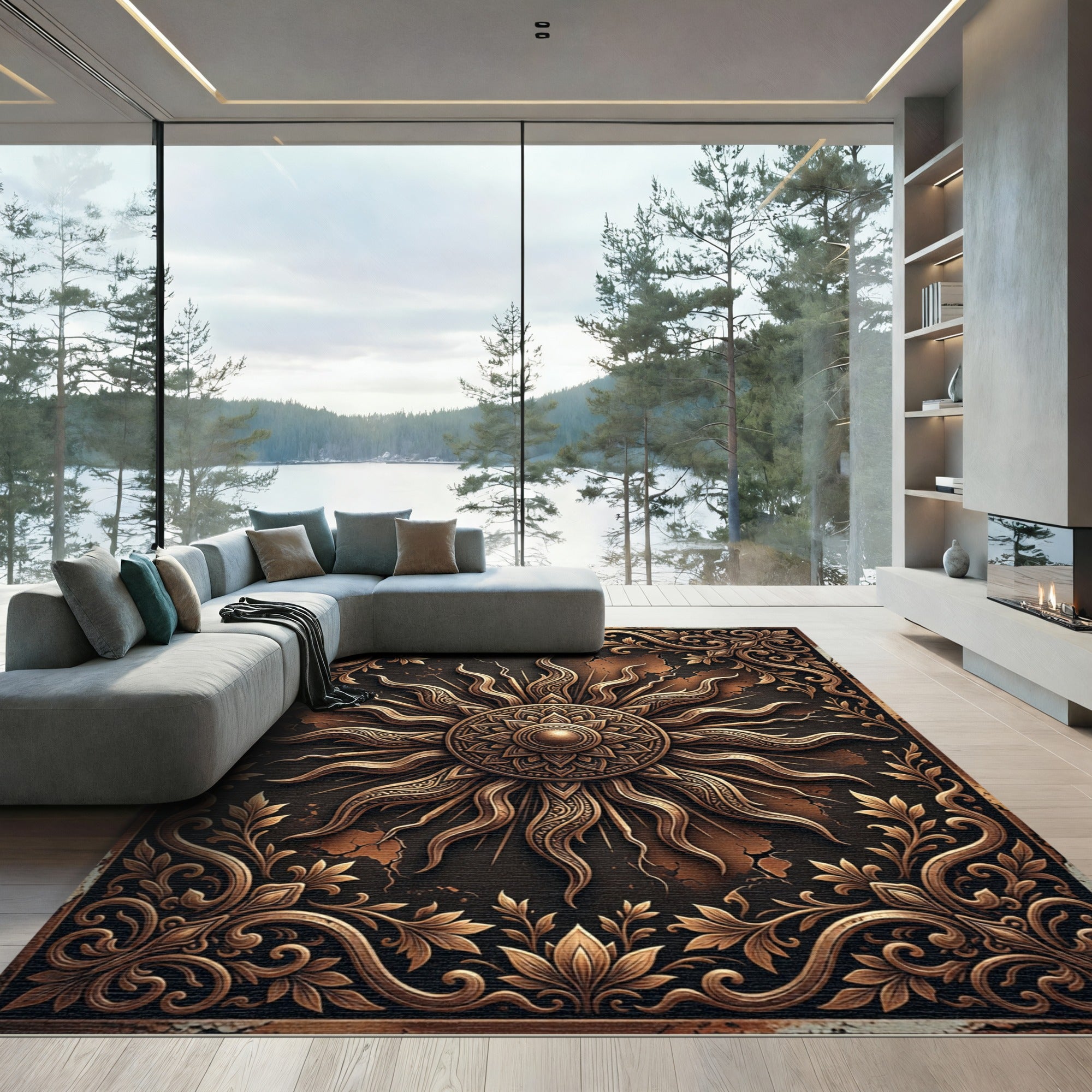 Ornate Bronzed Celestial Sun Medallion Rug