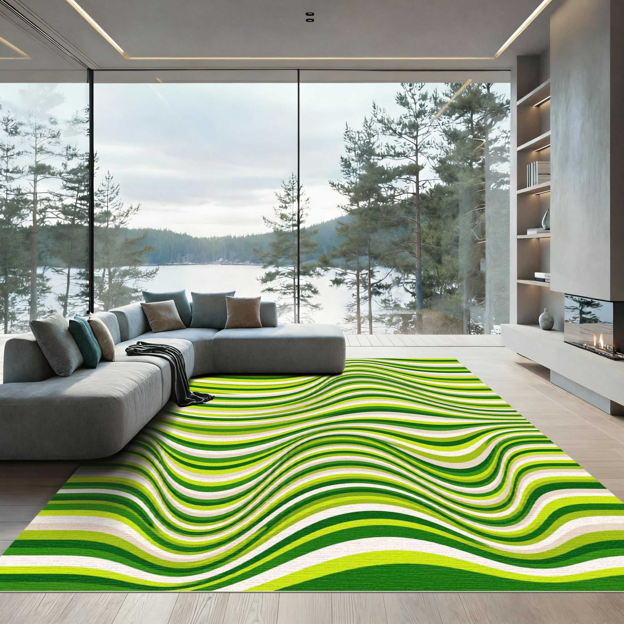 Vibrant Lime Green Wavy Stripe Rug