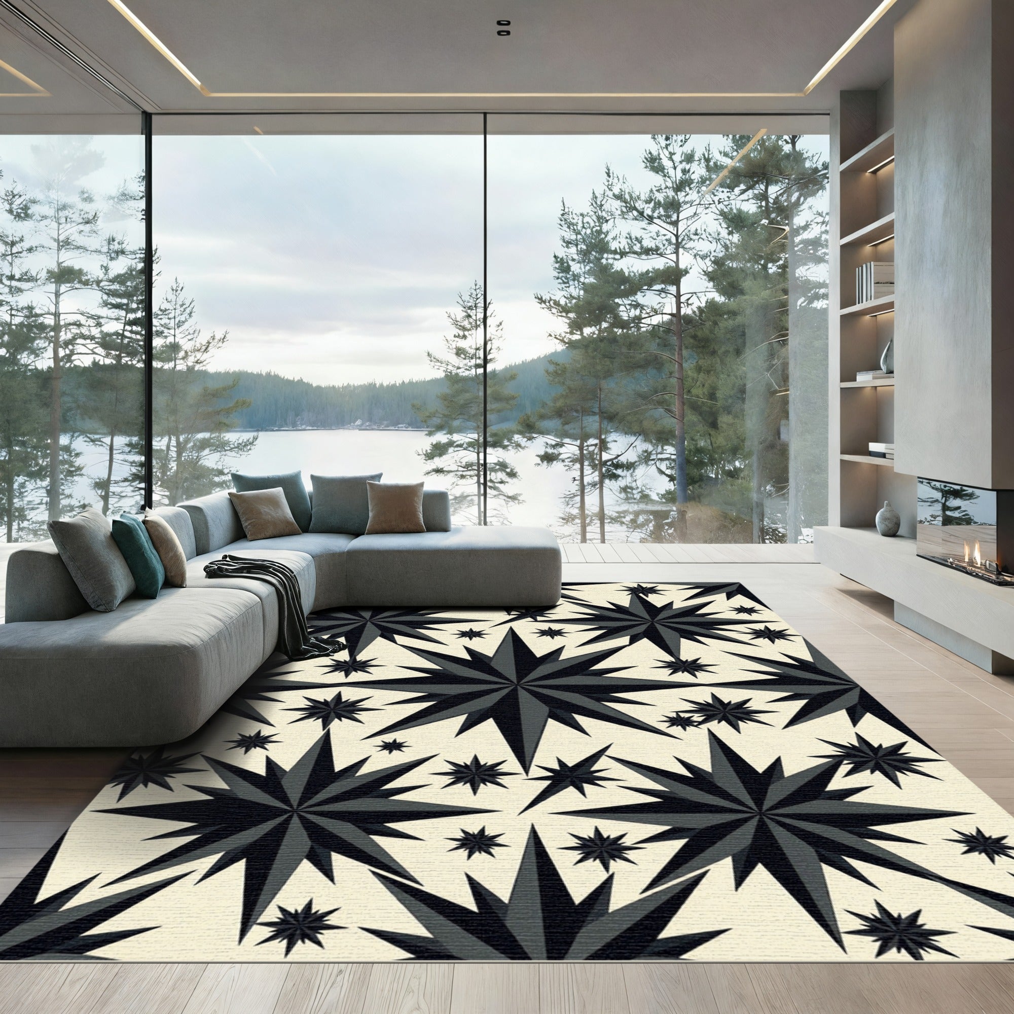 Dark Starburst Pattern On Cream Rug