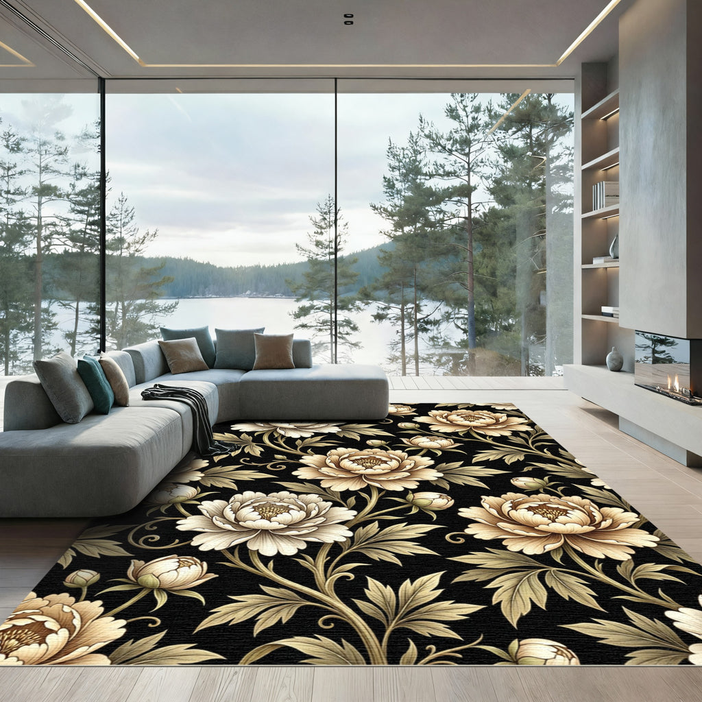 Vintage Cream Peony Floral Black Rug
