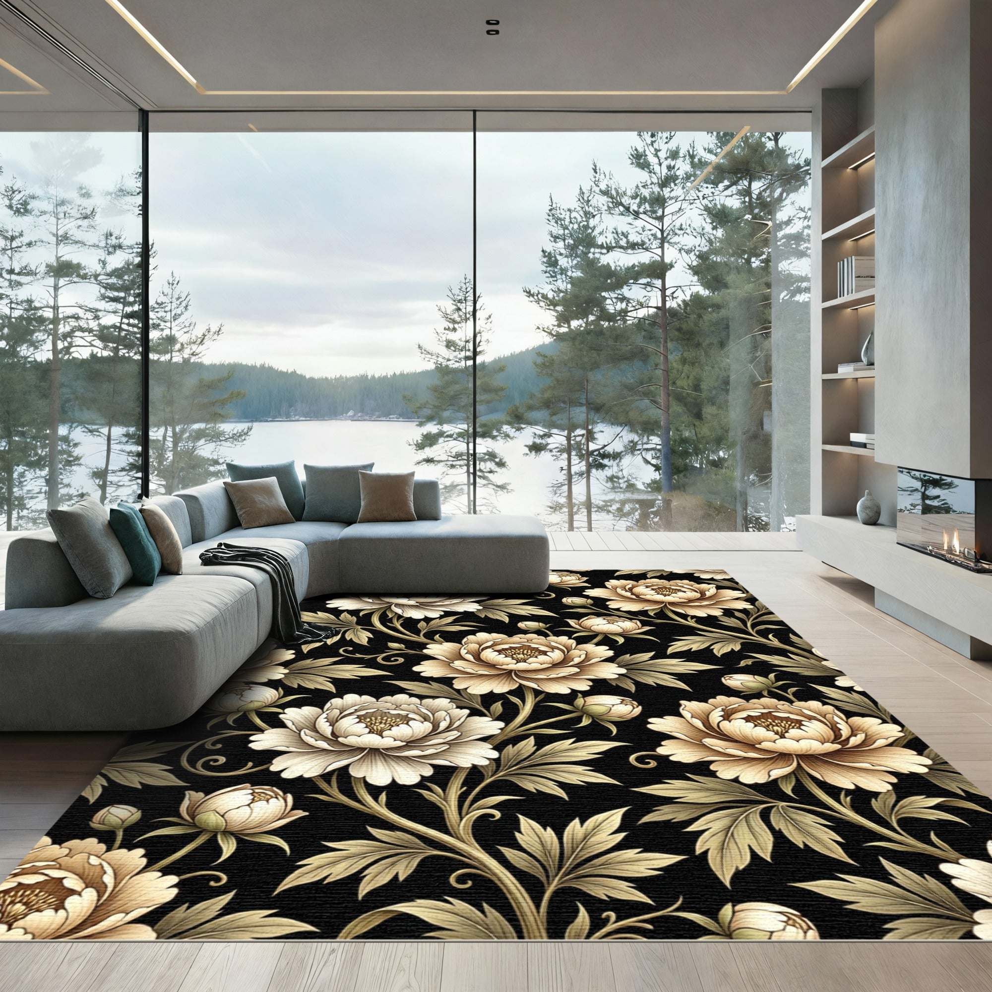Vintage Cream Peony Floral Black Rug