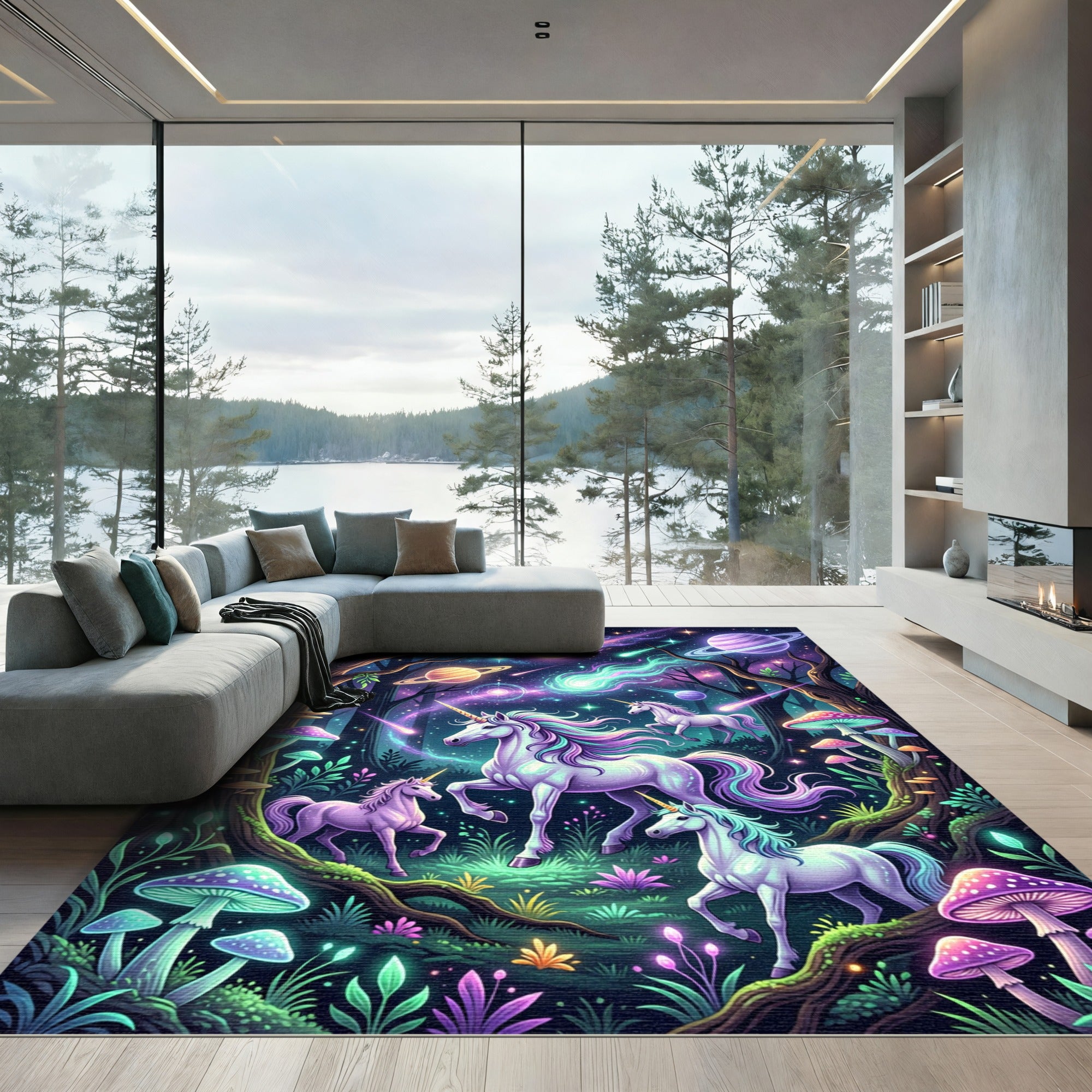 Cosmic Enchanted Unicorn Nebula Forest Rug