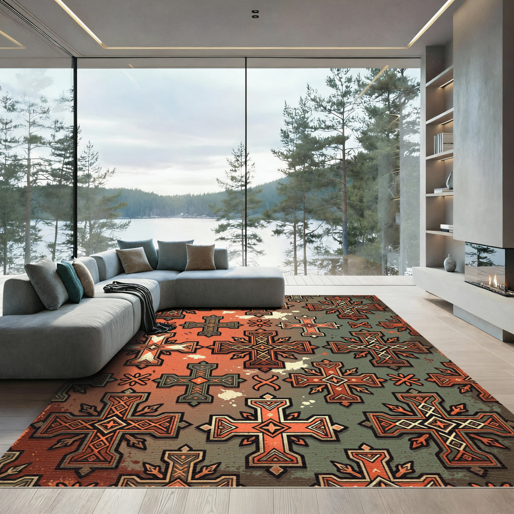 Tribal Cross Orange Olive Geometric Rug