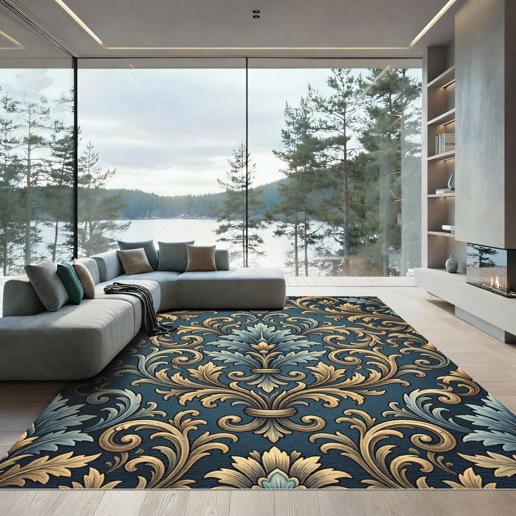 Ornate Teal Gold Acanthus Scroll Rug