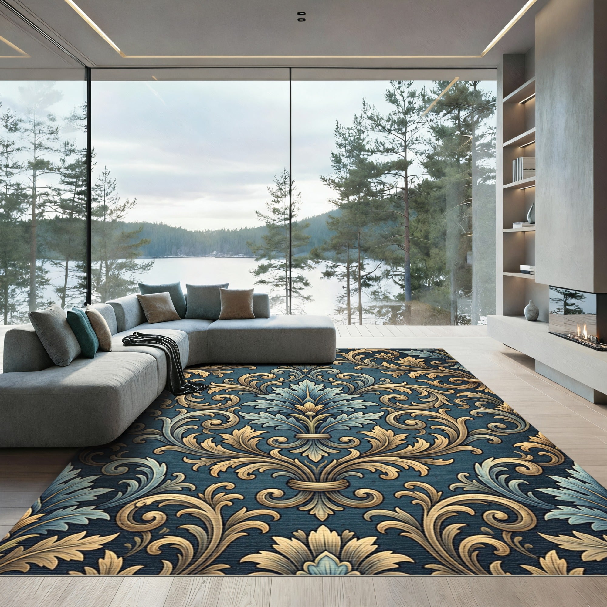Ornate Teal Gold Acanthus Scroll Rug