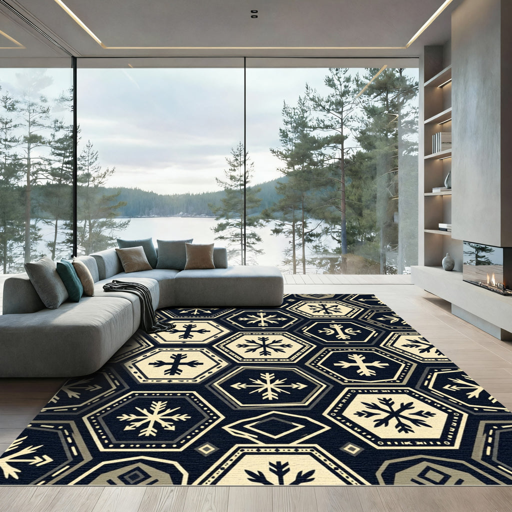 Dark Hexagonal Snowflake Geometric Rug