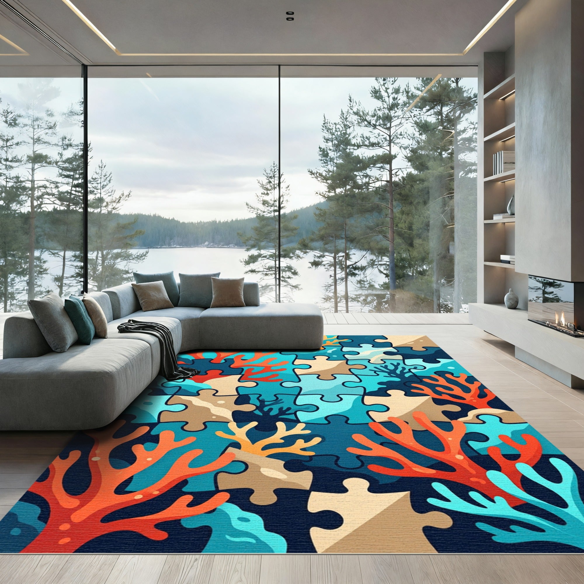 Coral Reef Puzzle Aqua And Orange Rug