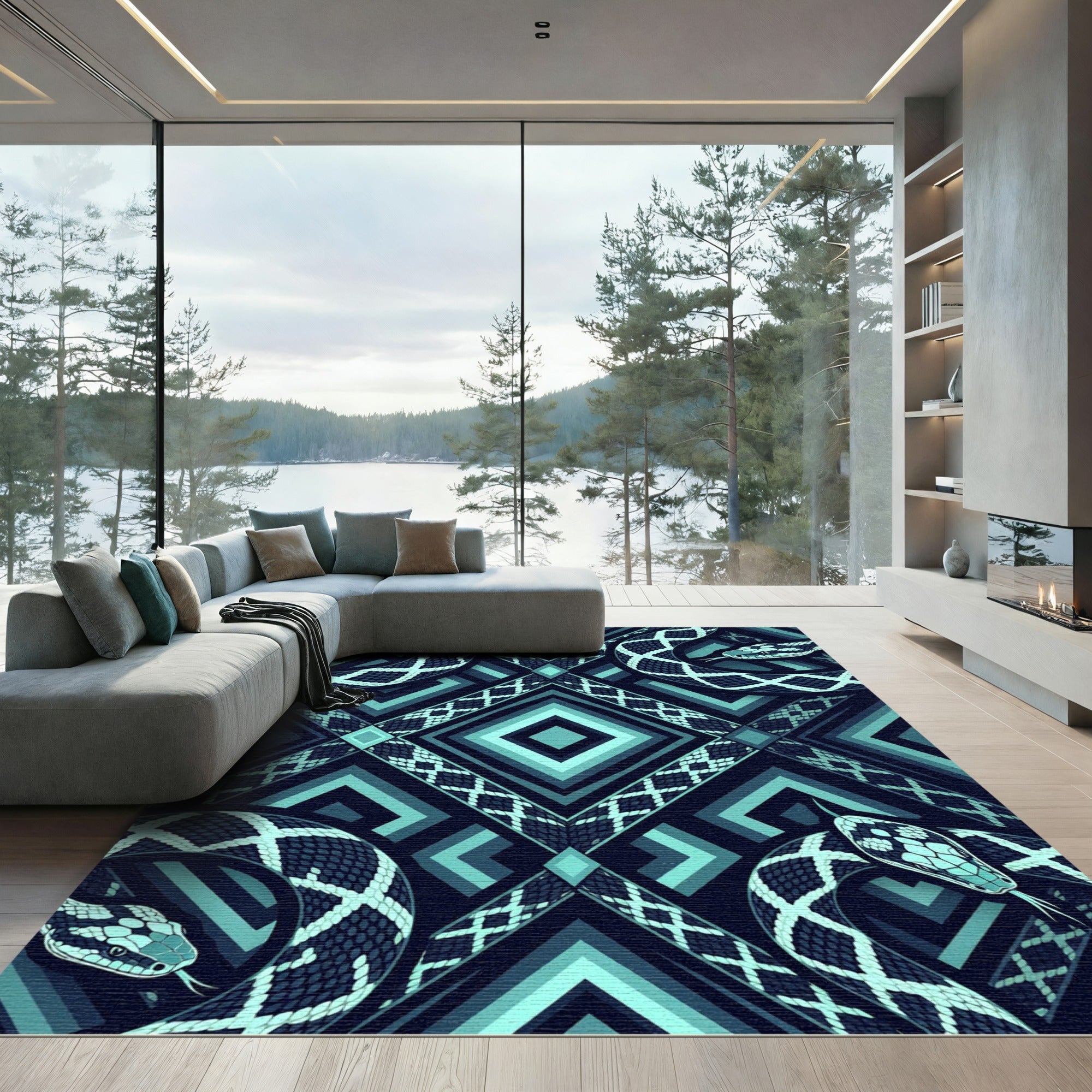 Geometric Serpent Teal Diamond Border Rug