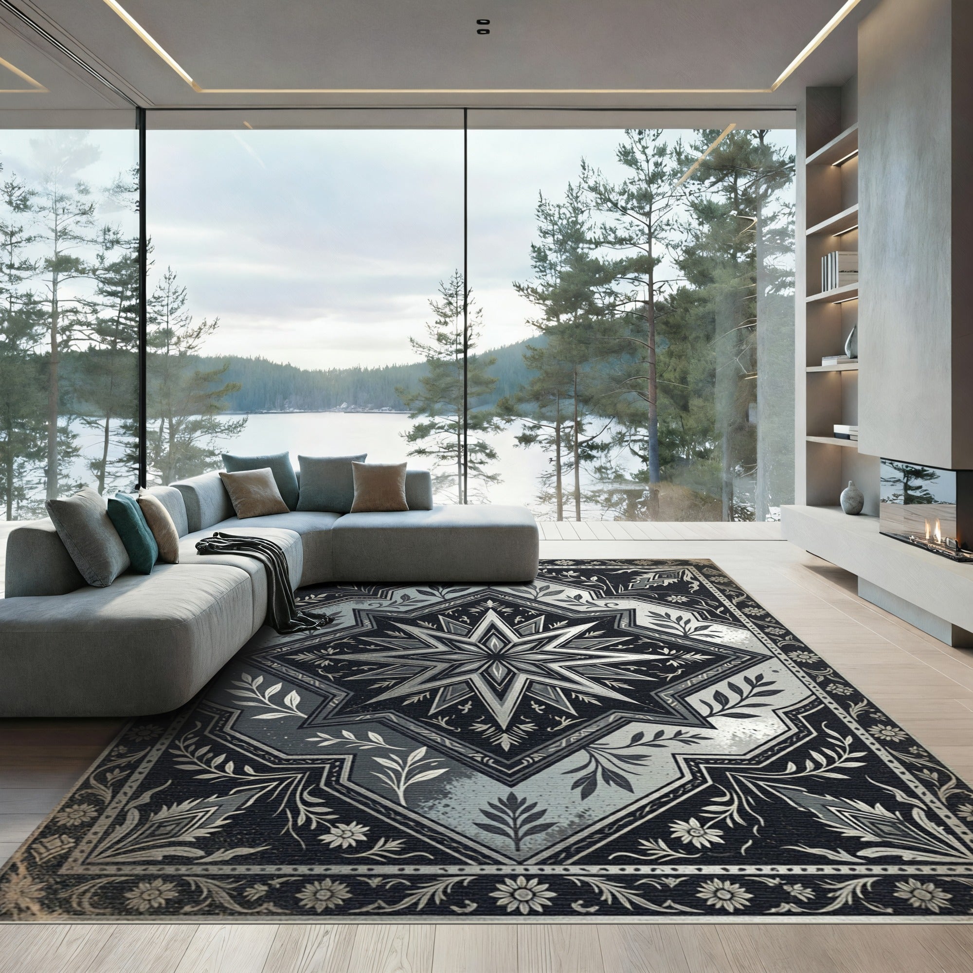 Monochromatic Star Floral Arrangement Rug
