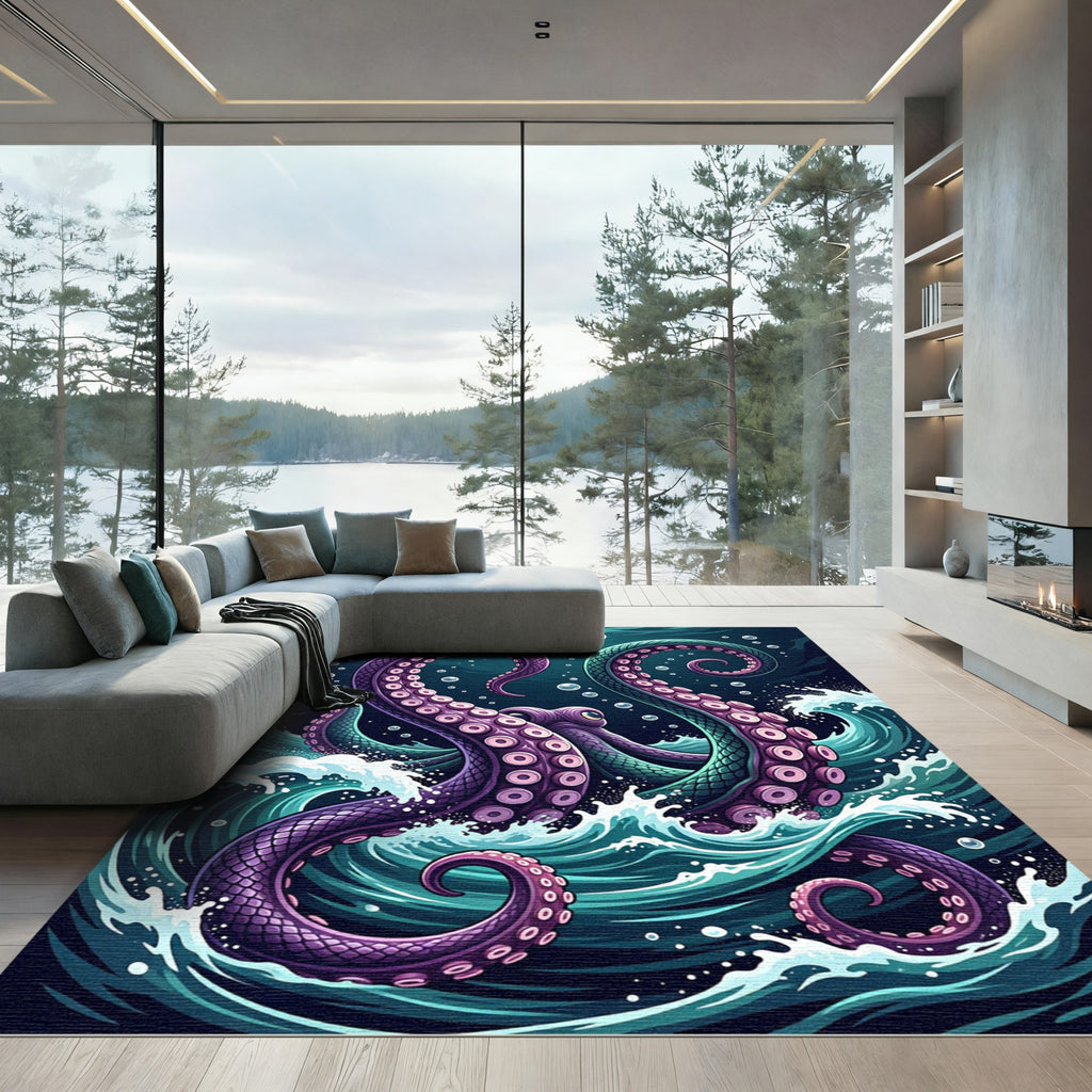 Mystic Deep Purple Kraken Ocean Waves Rug