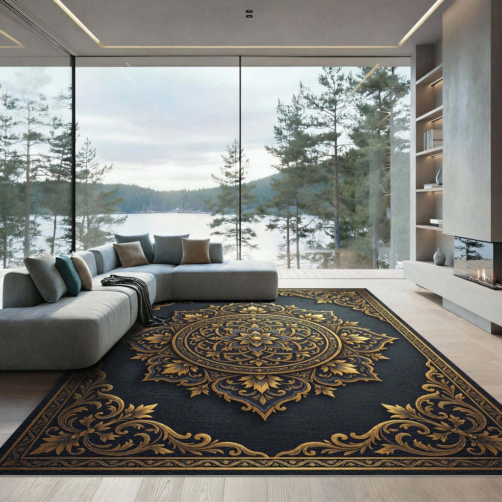 Elegant Navy and Gold Filigree Medallion Rug