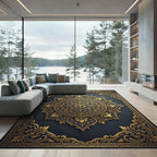 Elegant Navy and Gold Filigree Medallion Rug