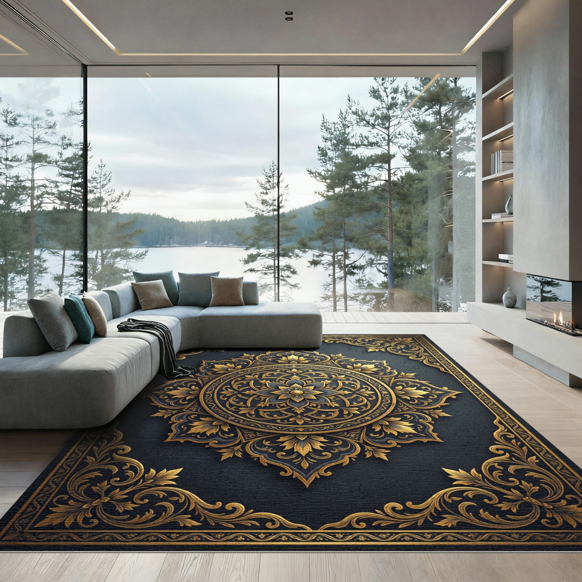 Elegant Navy and Gold Filigree Medallion Rug