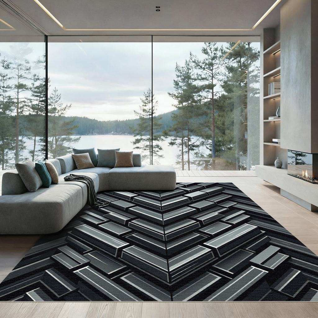 Modern Charcoal Geometric Chevron Block Rug