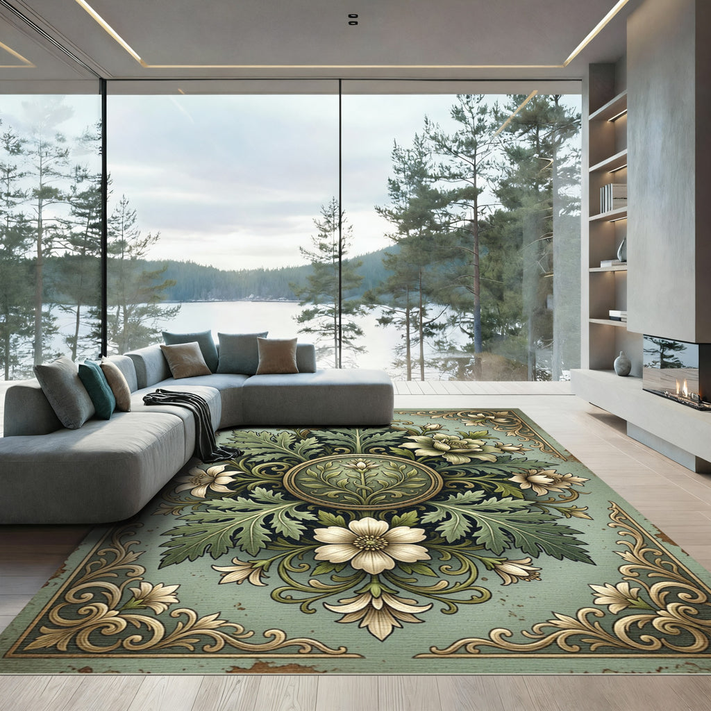 Elegant Sage Floral Damask Medallion Rug
