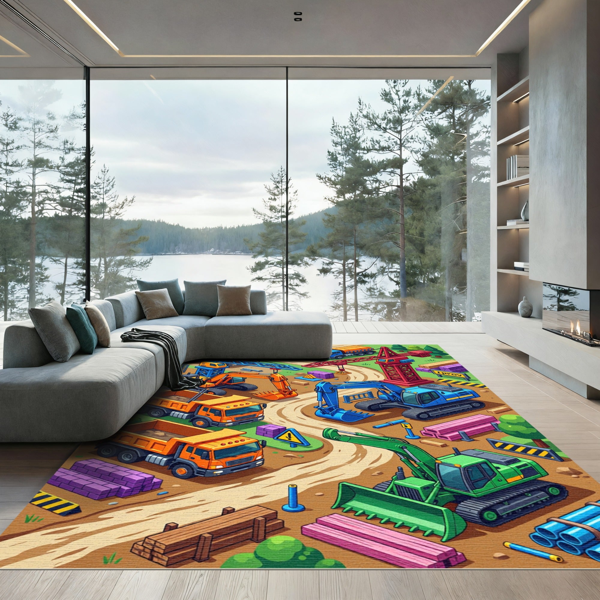 Vibrant Construction Site Isometric Illustration Rug