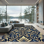 Elegant Gold Midnight Blue Damask Scroll Rug