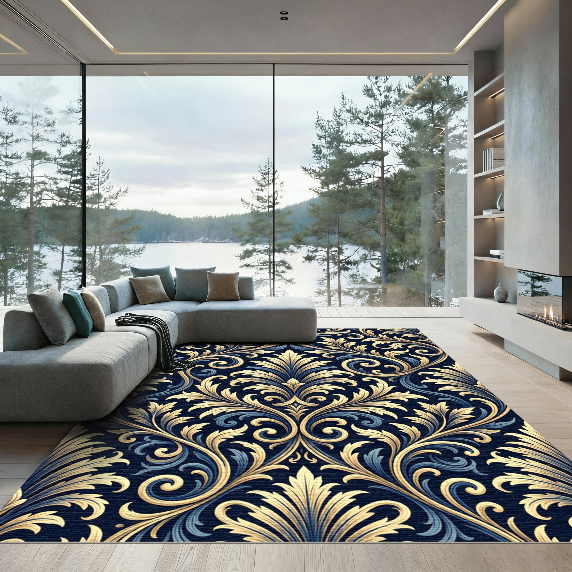 Elegant Gold Midnight Blue Damask Scroll Rug