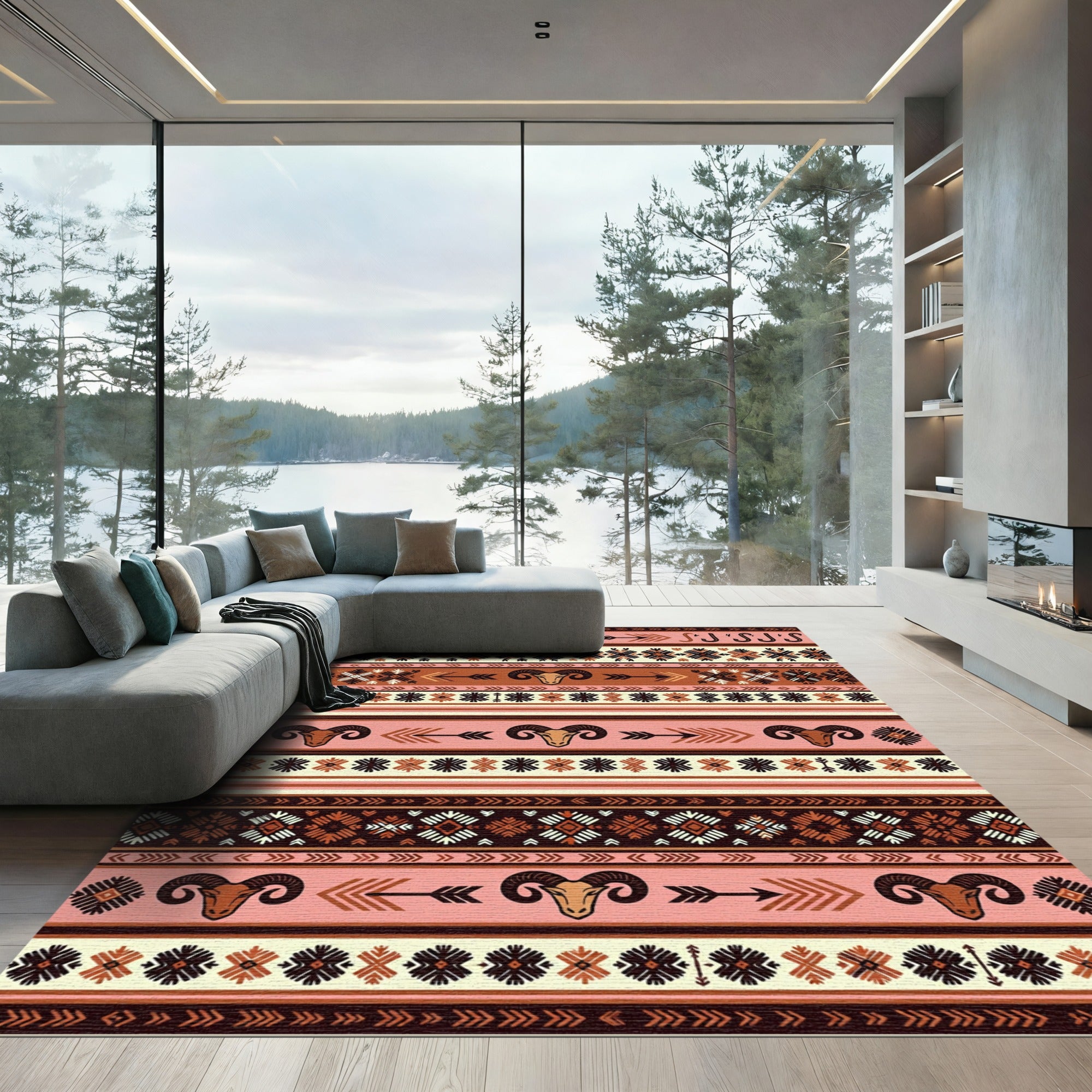 Earthy Ram Head Tribal Stripe Rug
