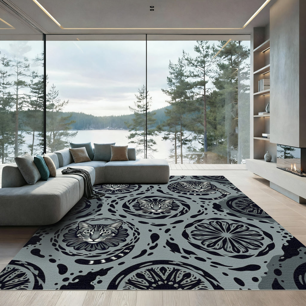 Monochromatic Feline Roundel Mandala Rug