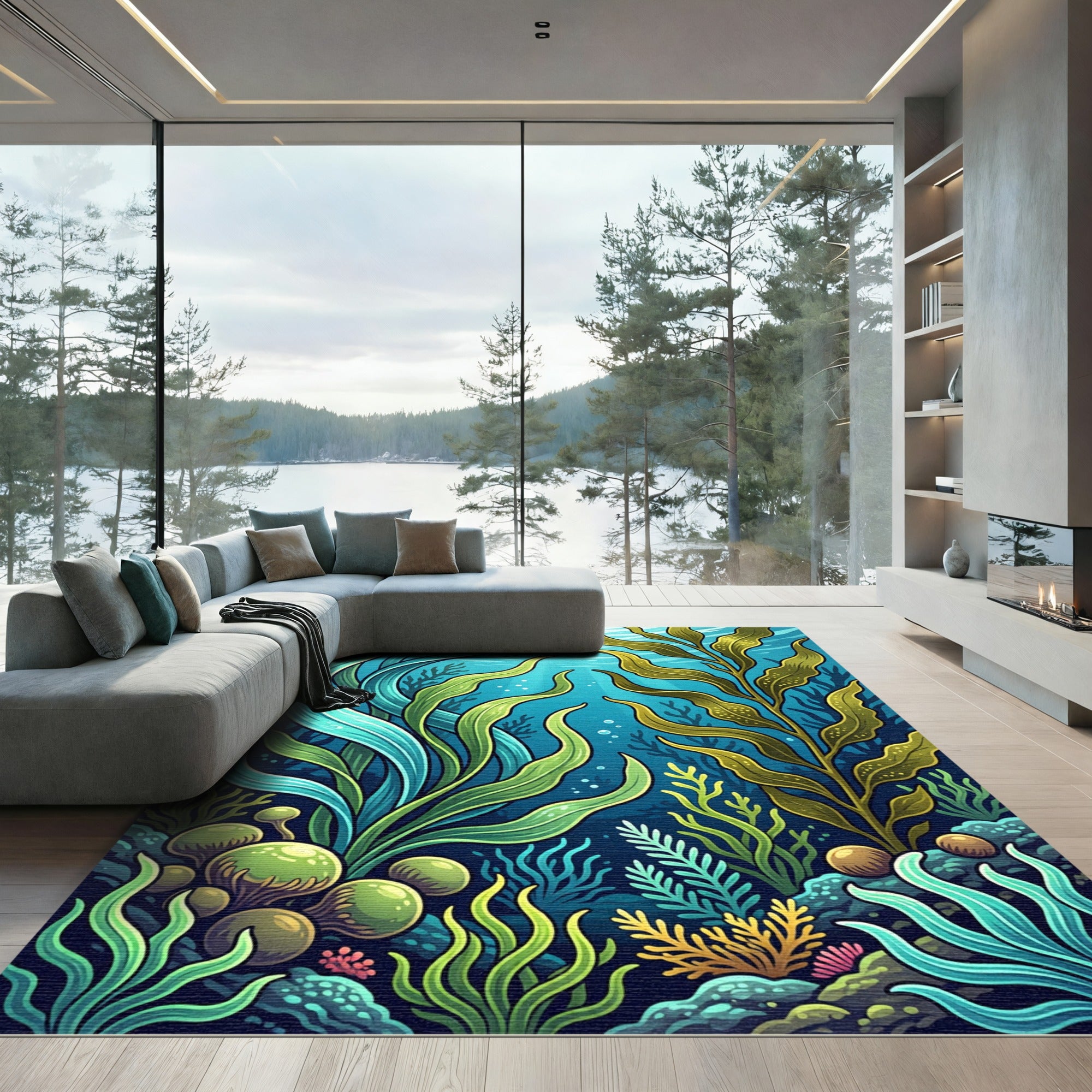 Lush Underwater Kelp Forest Oceanic Scene Rug