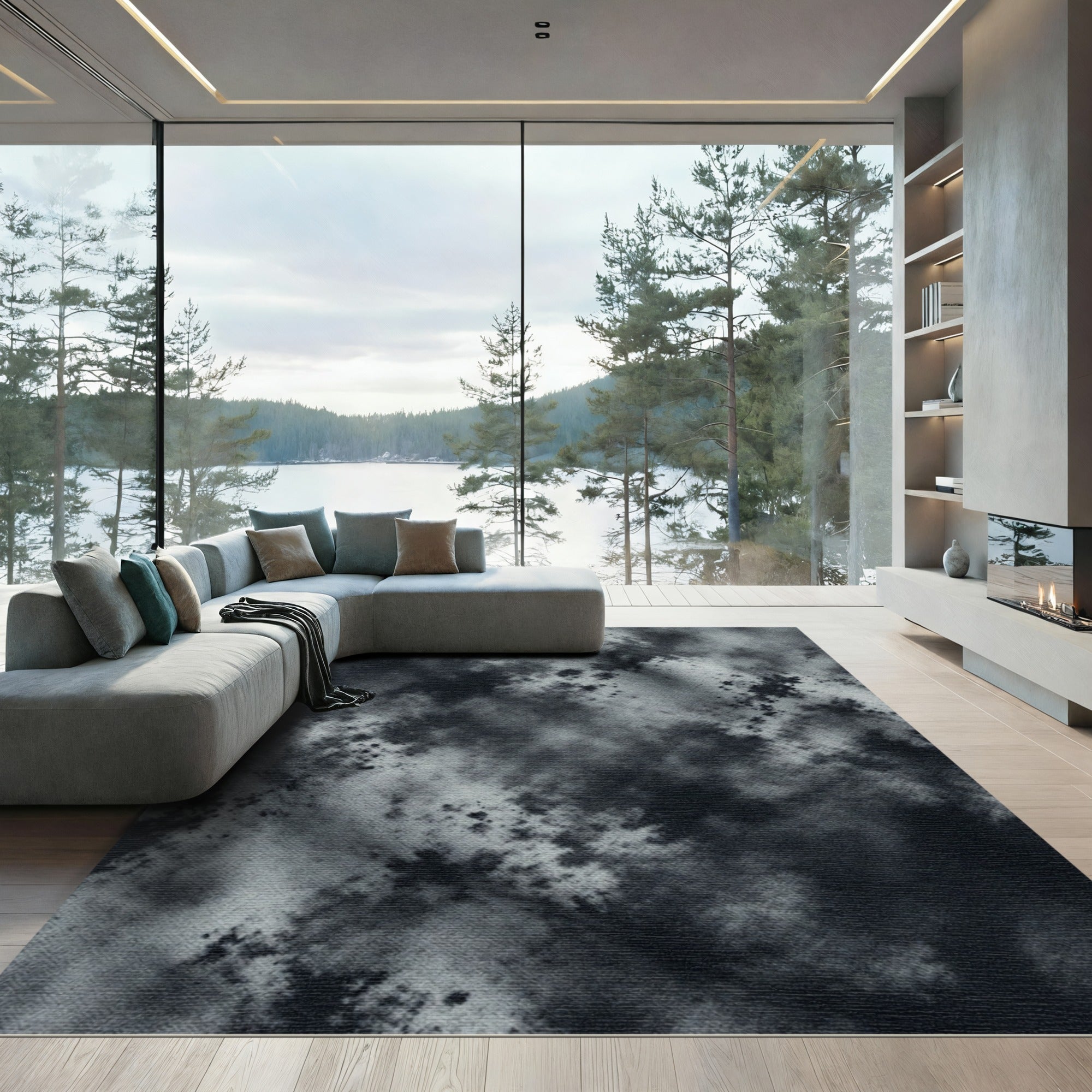 Monochrome Charcoal Abstract Cloud Ink Wash Rug