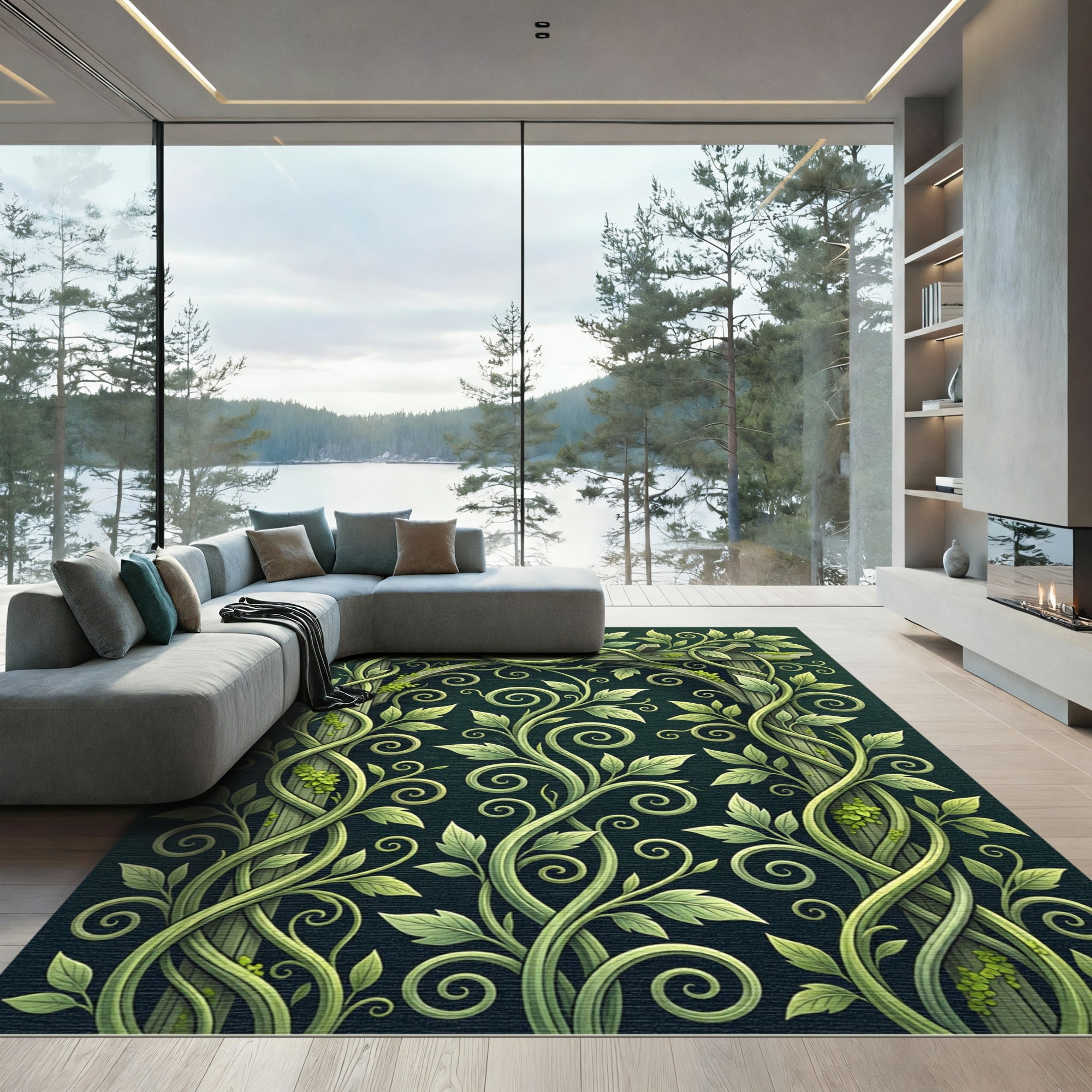 Lush Green Botanical Trellis Vine Rug