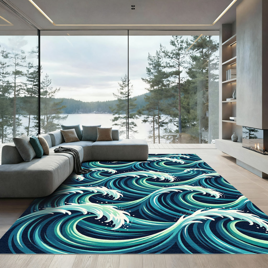 Deep Teal Ocean Swirl Waves Rug