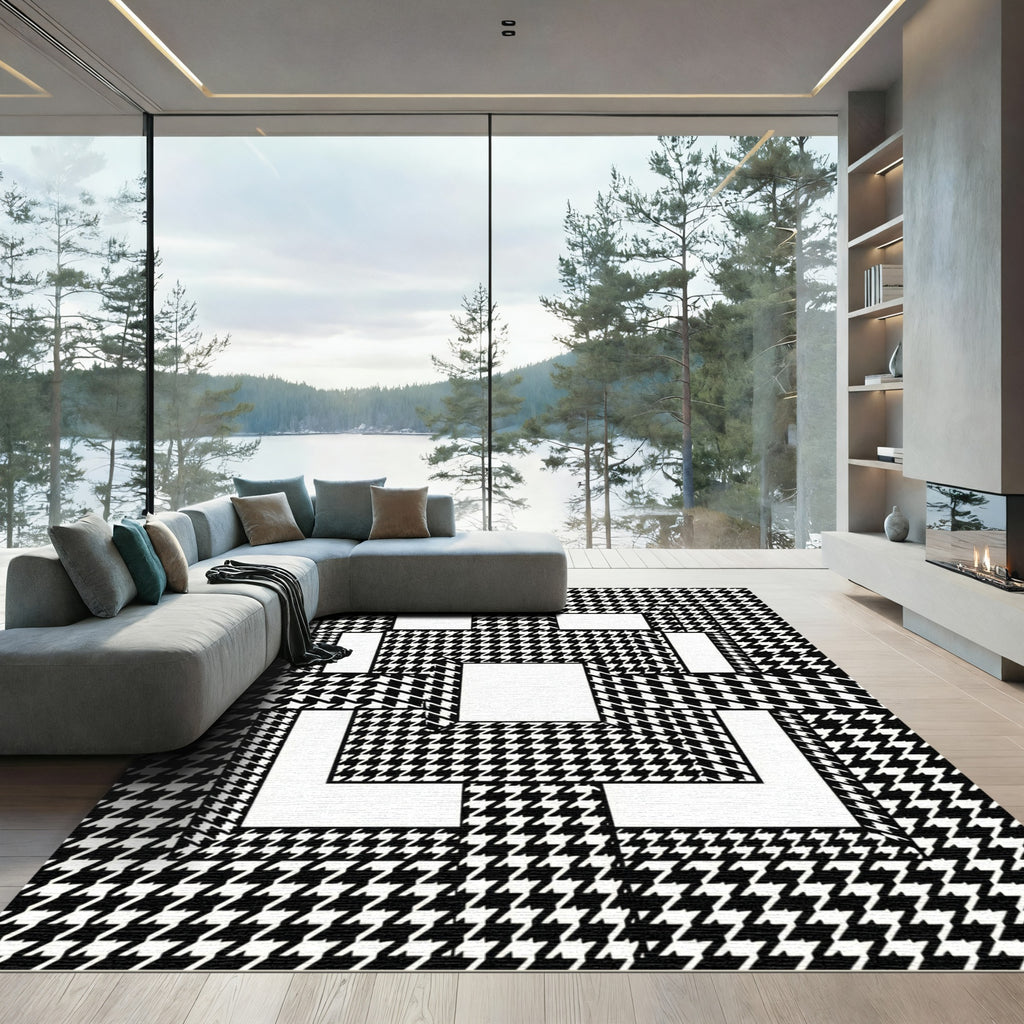 Monochrome Houndstooth Geometric Block Grid Rug