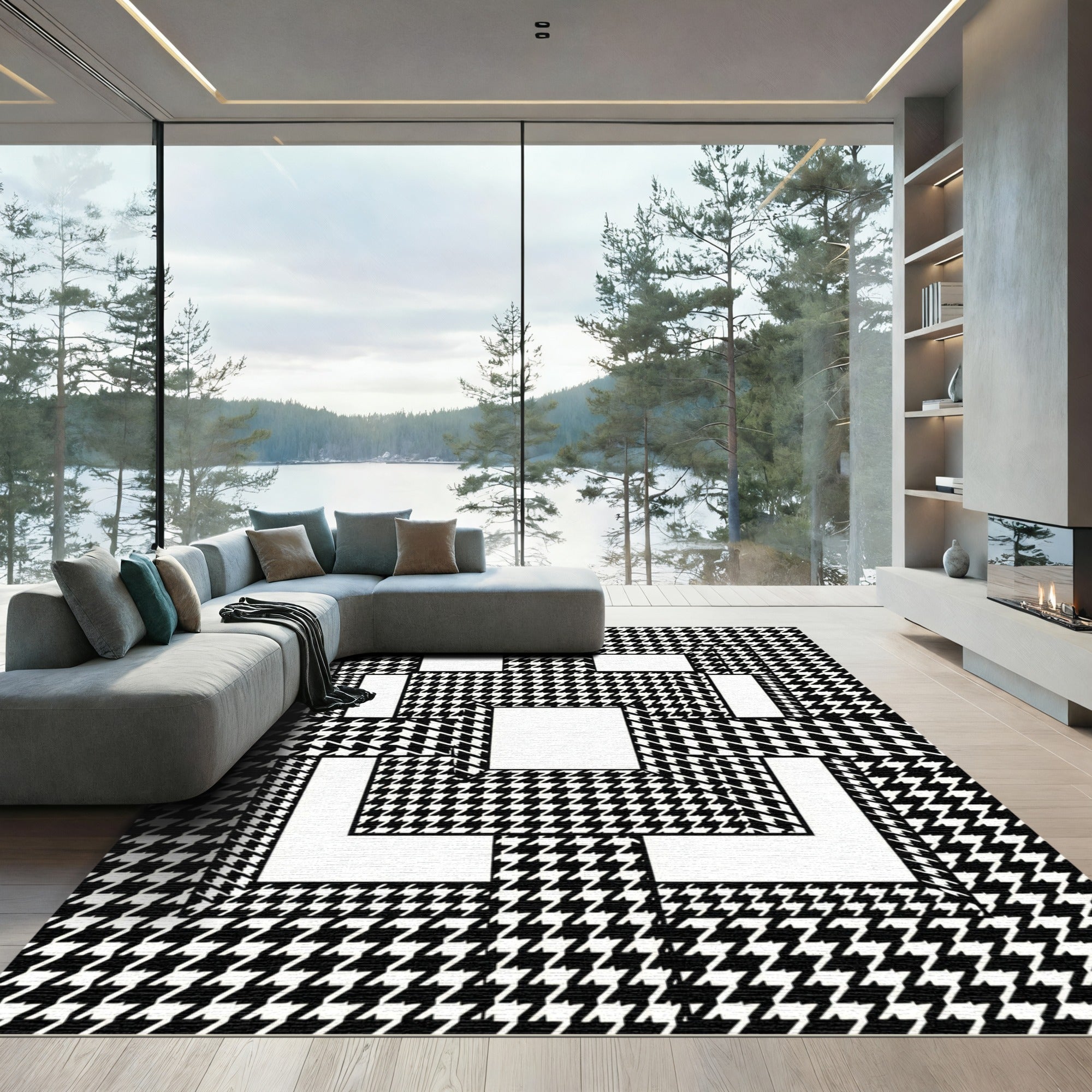 Monochrome Houndstooth Geometric Block Grid Rug
