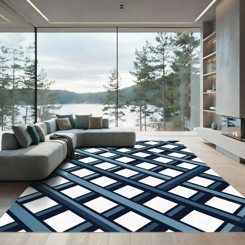 Modern Blue Crossed Lattice Grid Rug