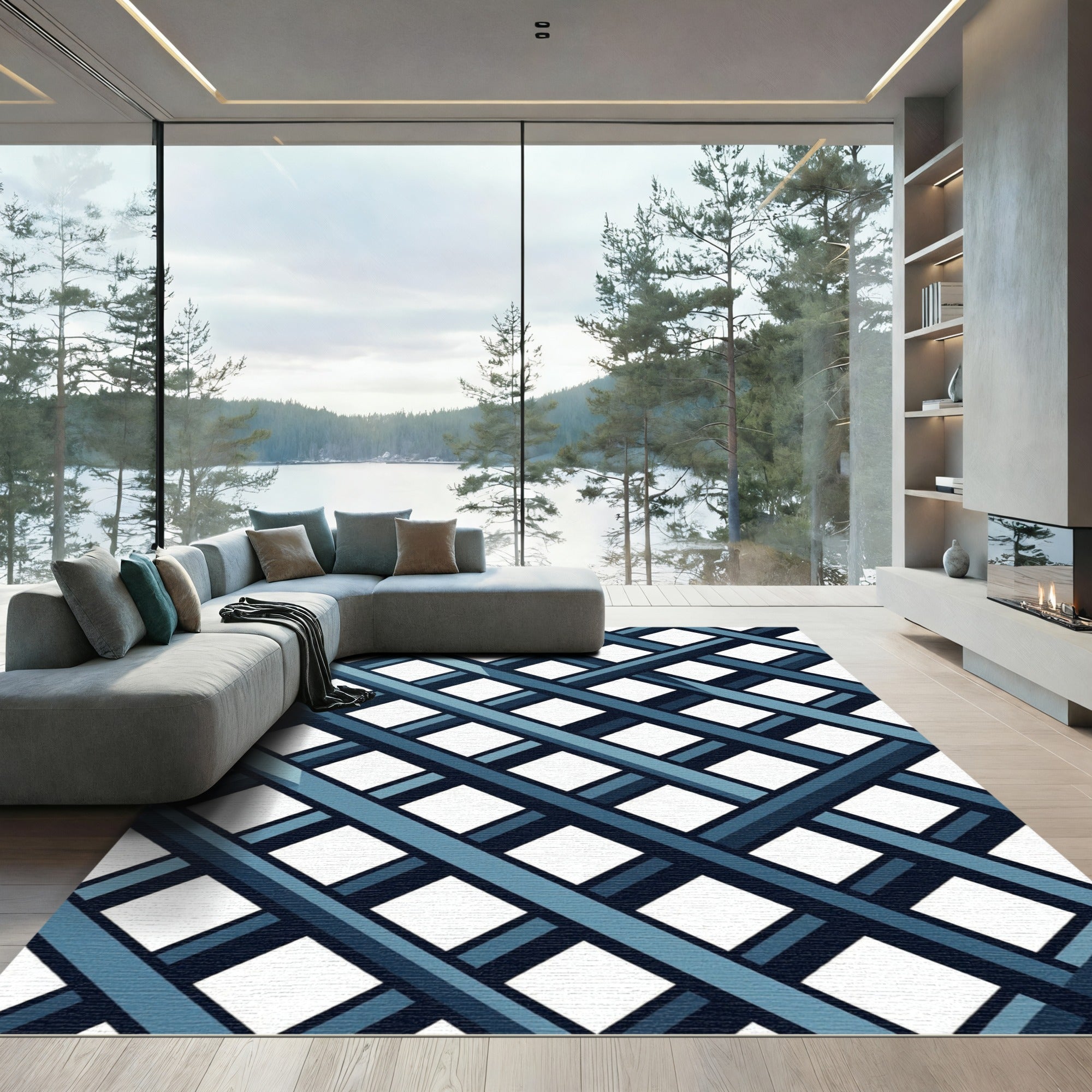 Modern Blue Crossed Lattice Grid Rug