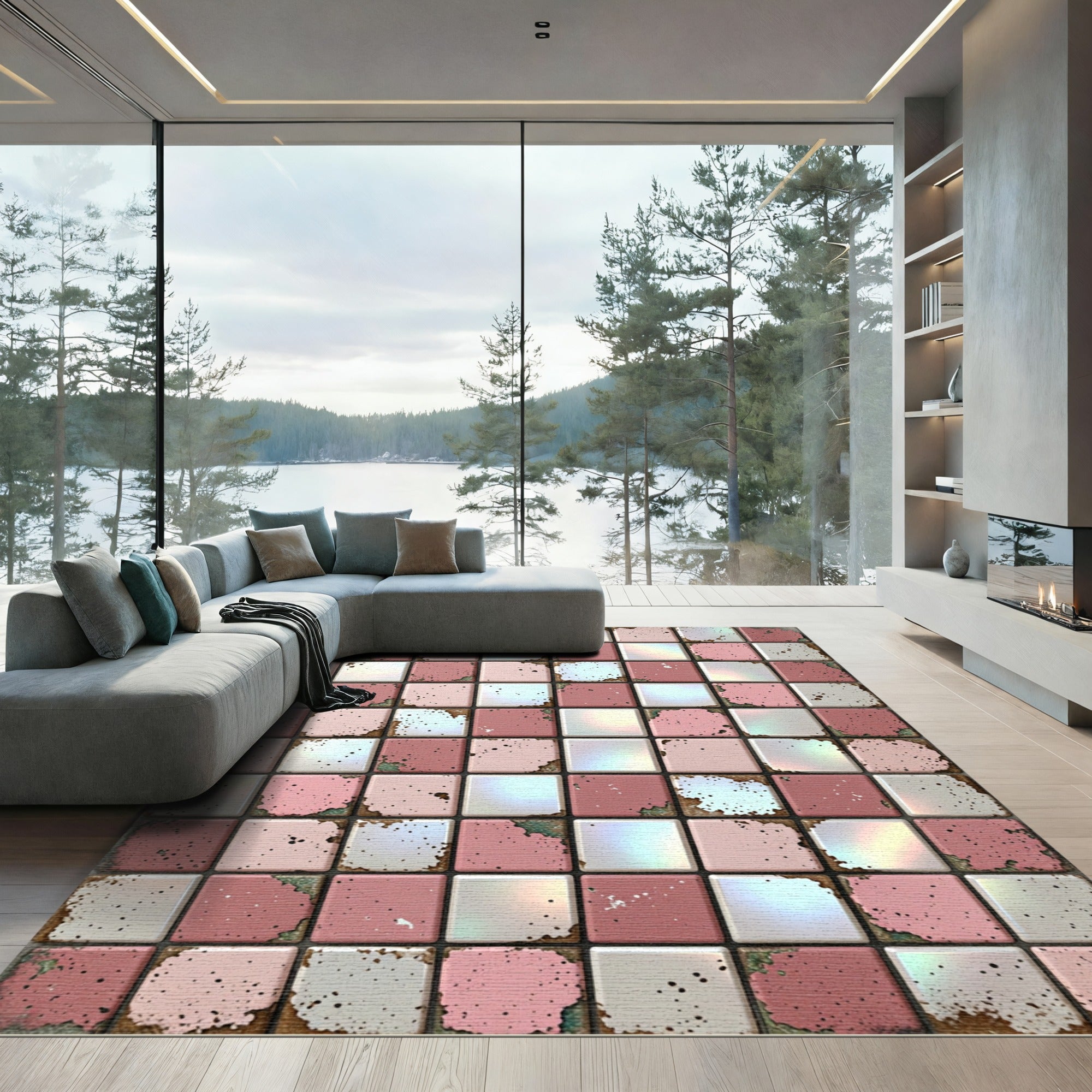 Distressed Pink White Square Mosaic Rug