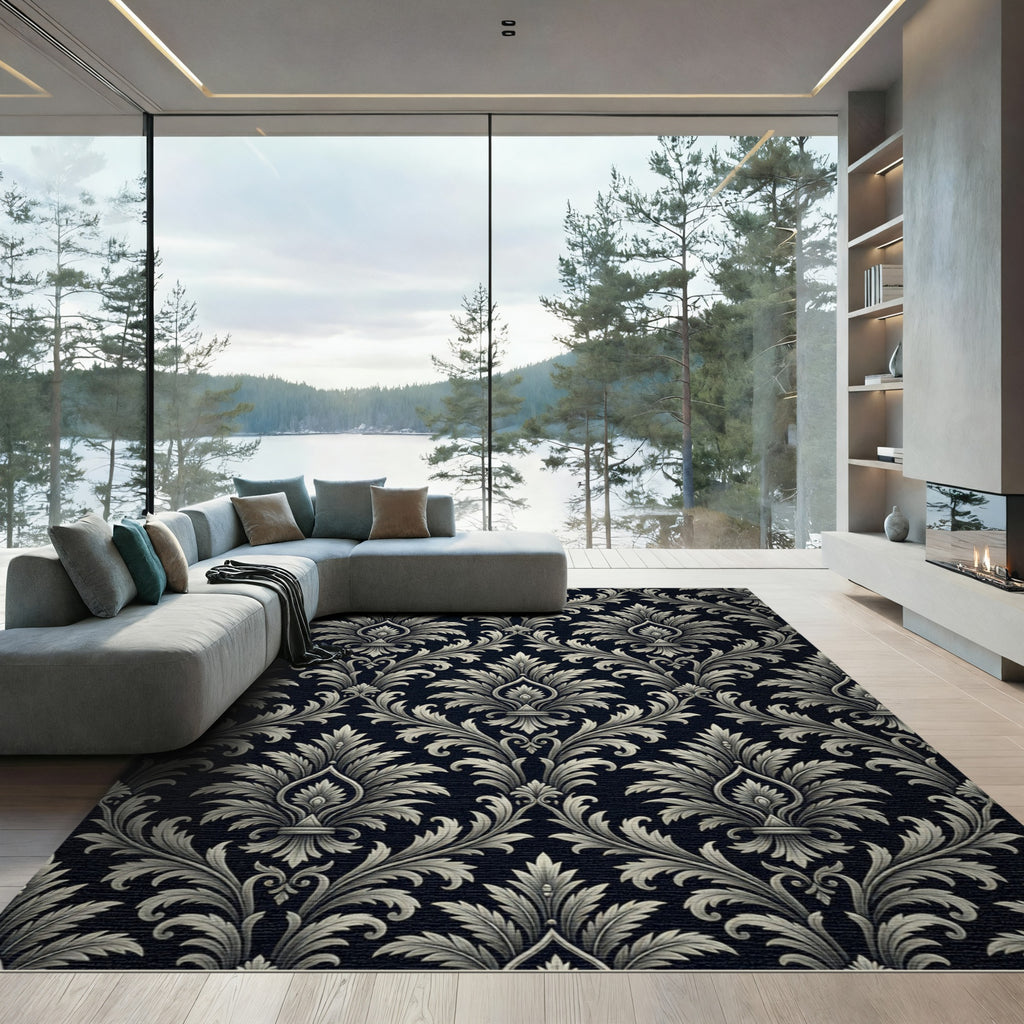 Classic Charcoal Black Floral Damask Rug