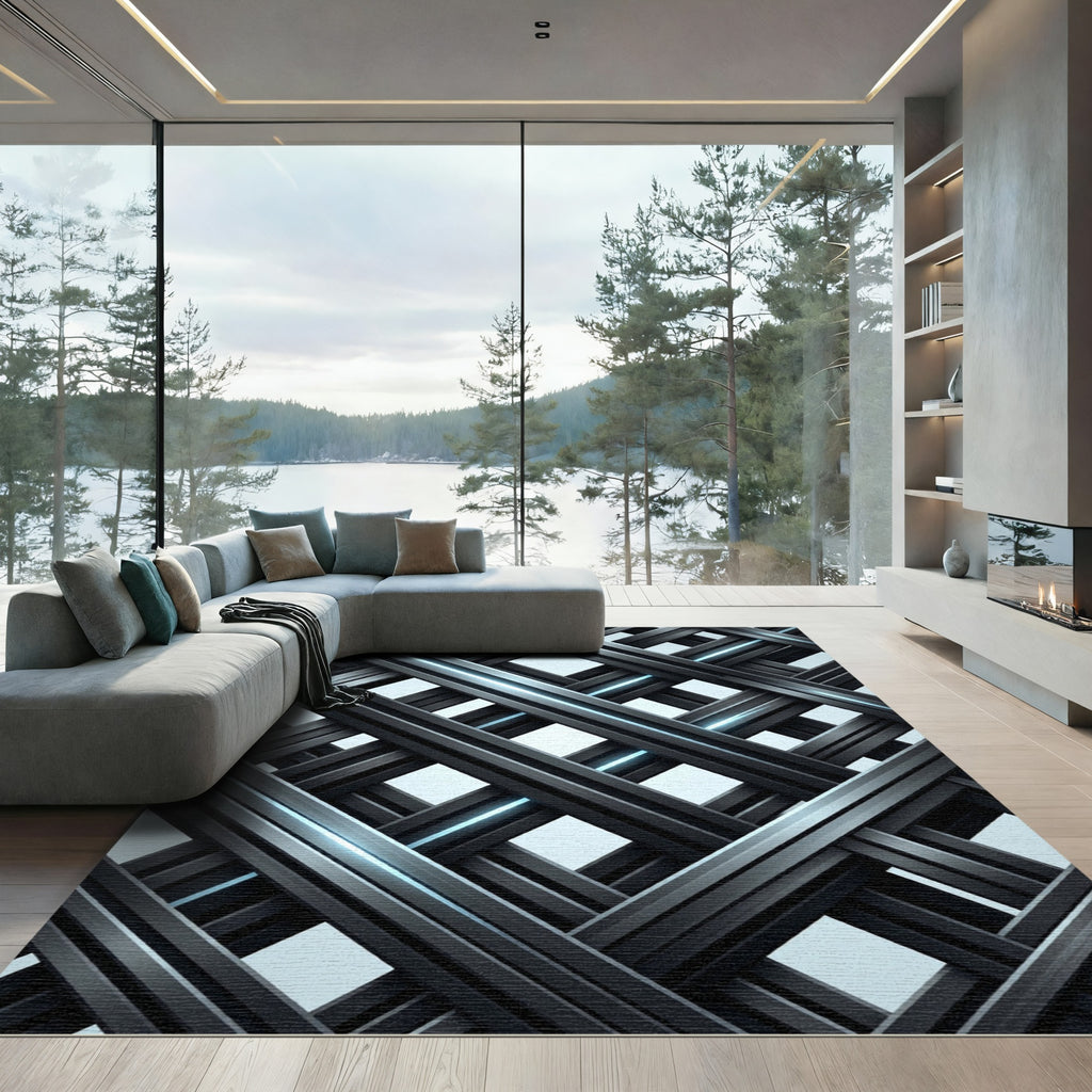 Modern Charcoal Metallic Interwoven Lattice Rug