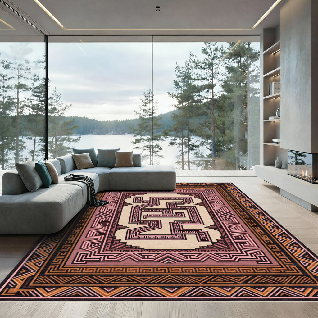 Terracotta Geometric Maze Frame Rug