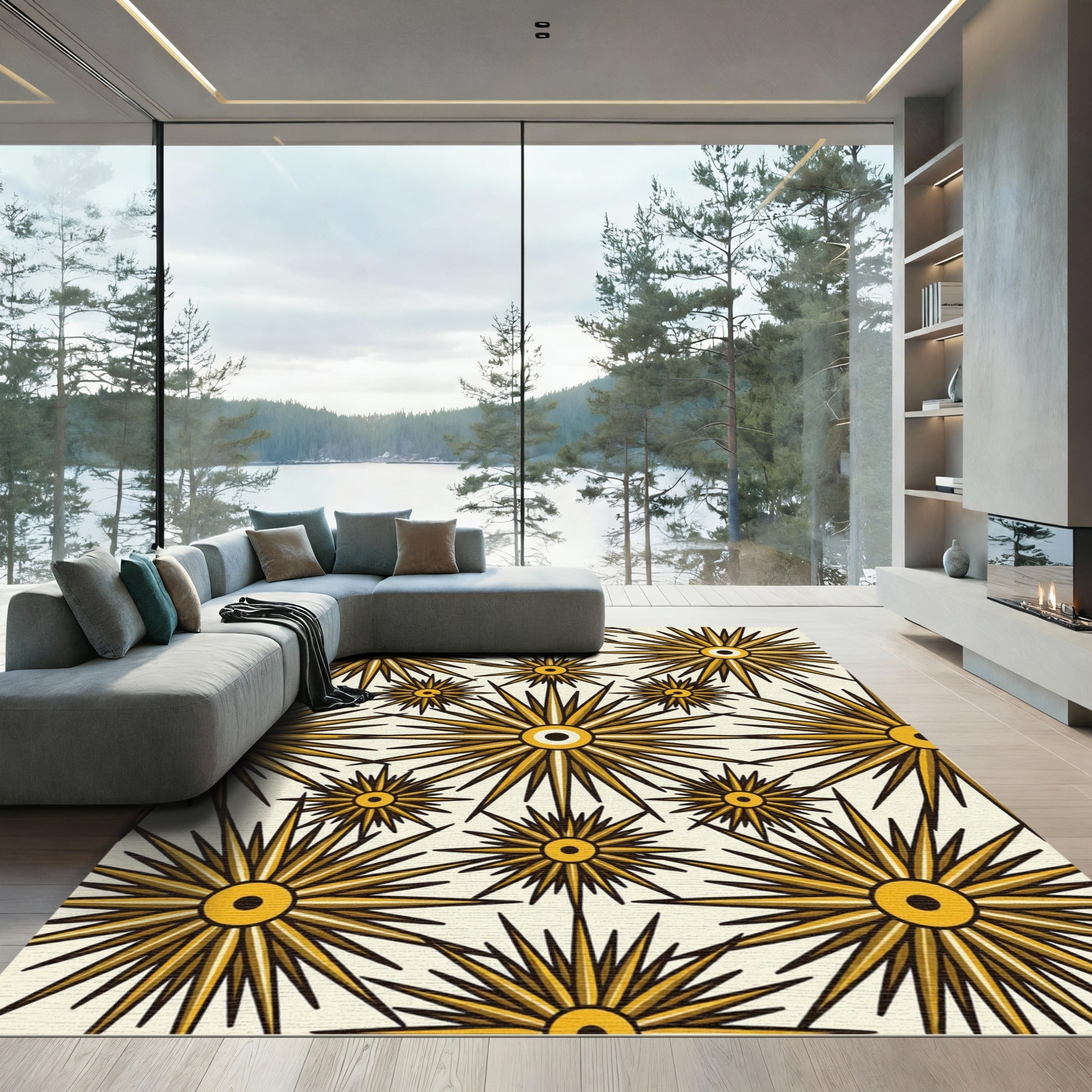 Golden Sunburst Radiating Starburst Pattern Rug
