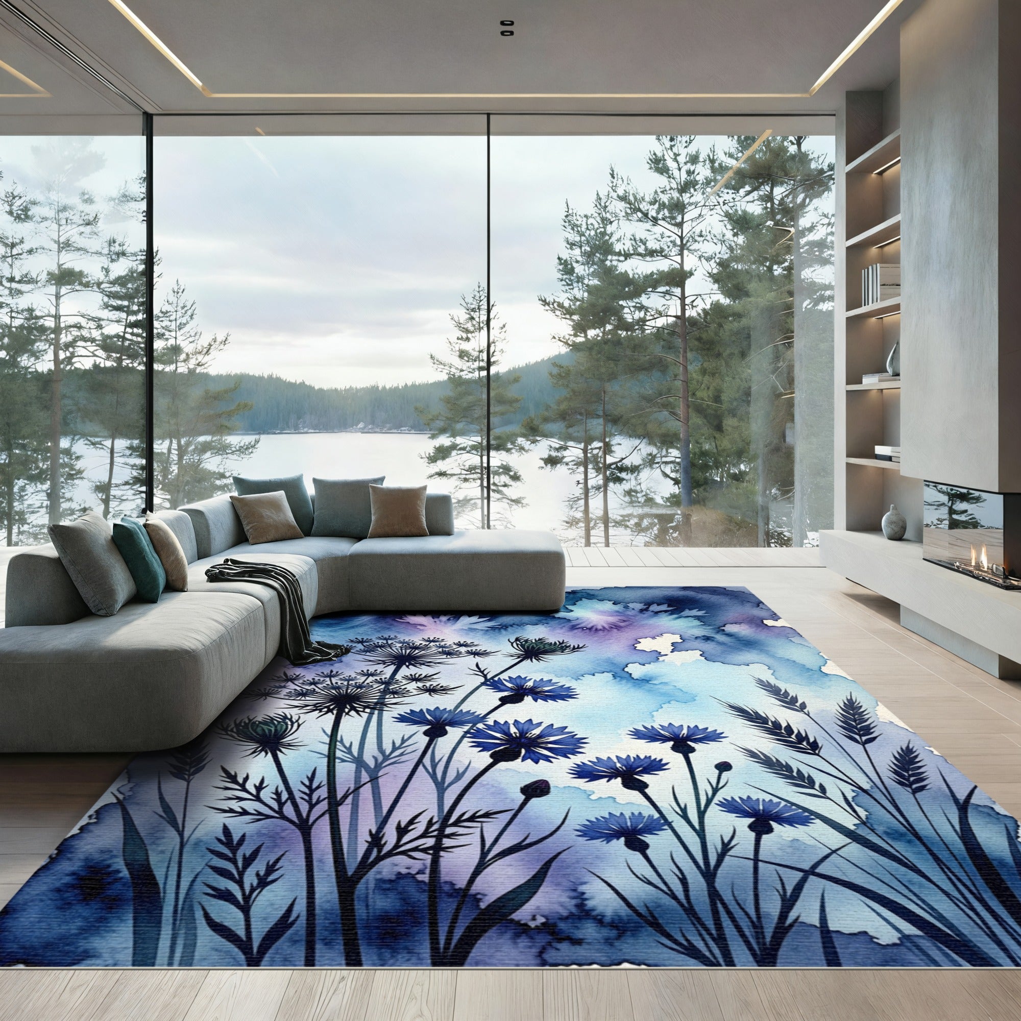 Indigo Cornflower Watercolor Meadow Rug