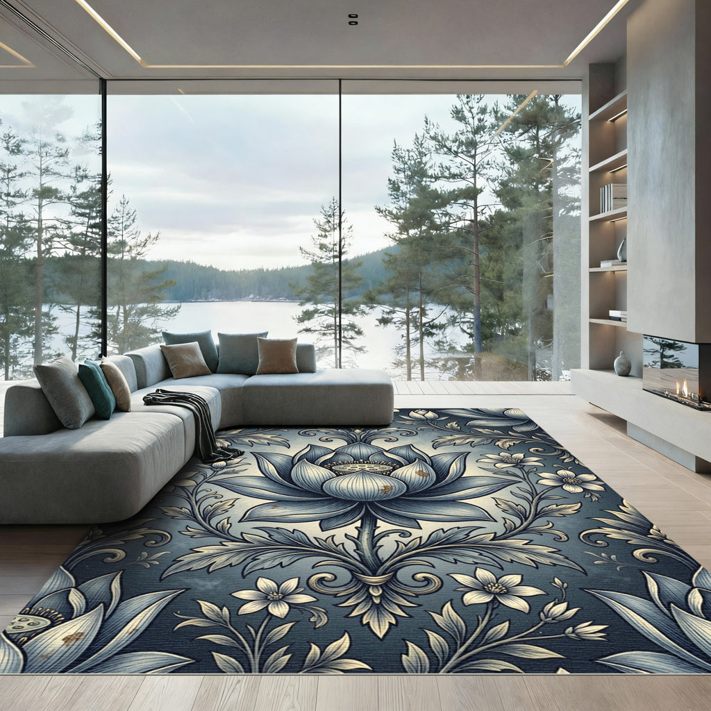 Elegant Blue Lotus Floral Damask Rug